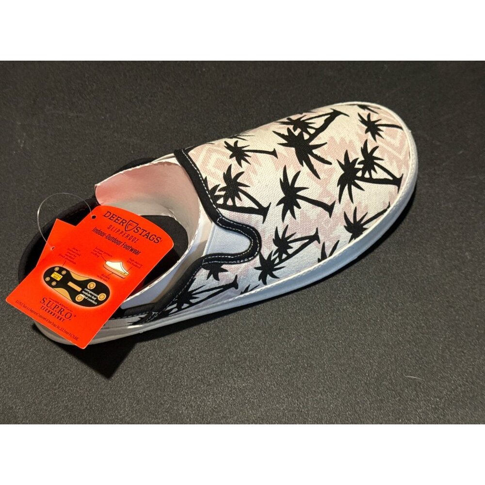 Deer Stags Mens Spike Palm Tree Canvas Slide‎ Slippers, White/Black, Size M, NIB